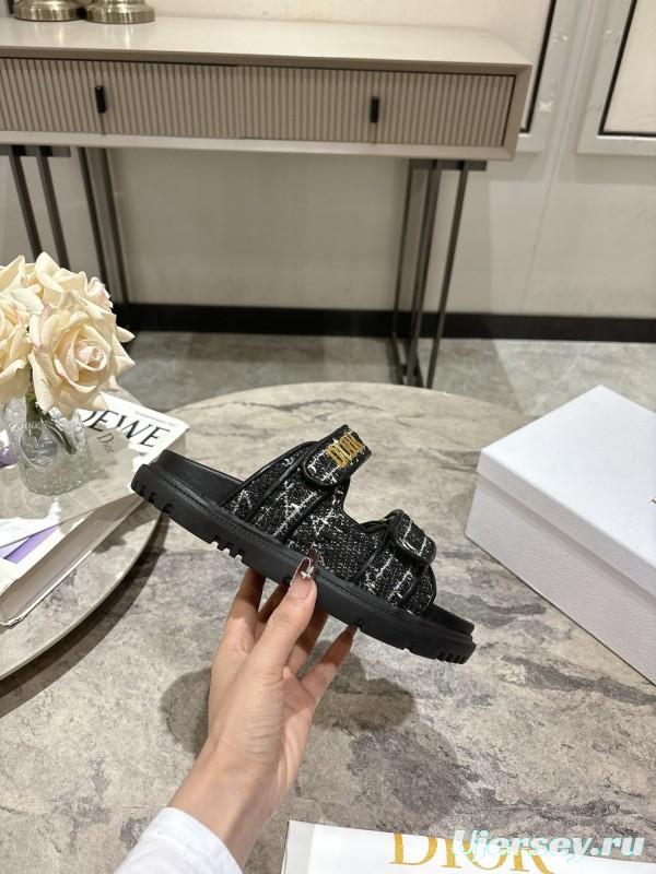 2025 Women Dior Black White Fabric Leather Sandals KFY00300