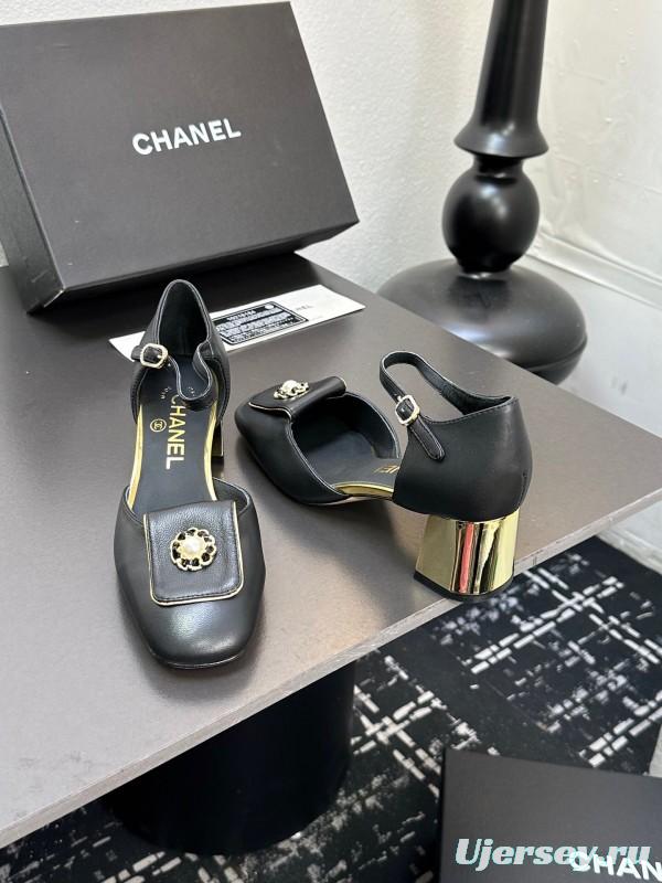 2025 Women CHANEL Black Leather Block Heel Metal Accent LY00360