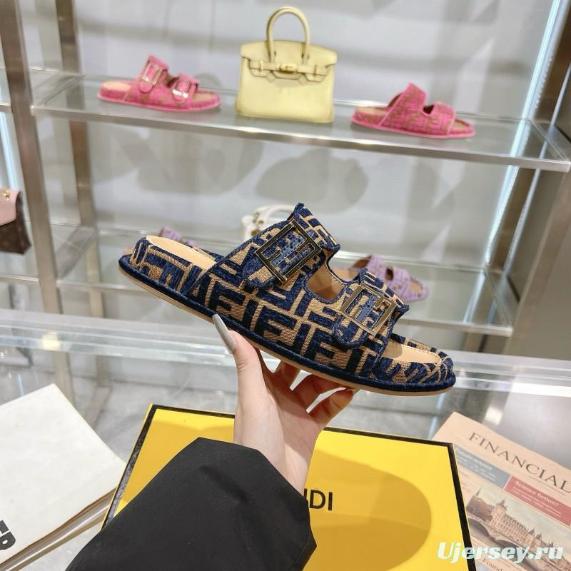 2025 Slippers Fendi Blue Brown Jacquard FF Pattern MJ00230