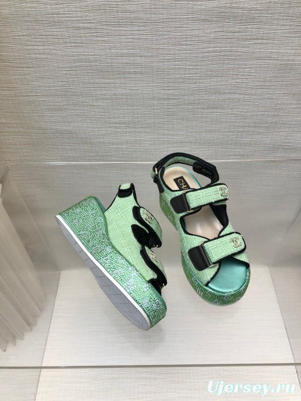 2025 Slippers Chanel Mint Green Textile Platform Sandals LY00330