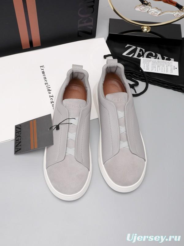 2024 Men Ermenegildo Zegna Light Grey Leather Suede Low Top Sneakers MJ00240