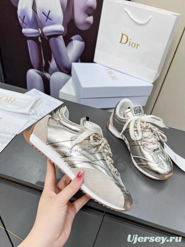 2025 Women Dior Silver Leather Suede Sneakers