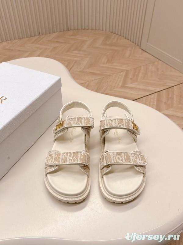 2025 Women Dior Beige Canvas Sandals Magic Tape LY