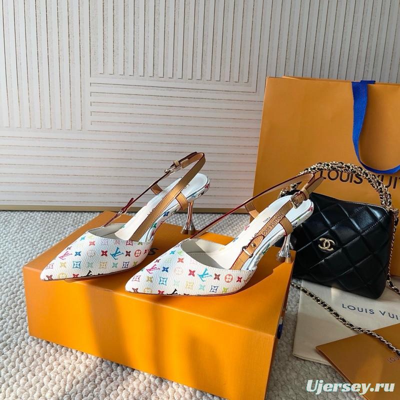 2025 Women Louis Vuitton White Multicolor Canvas Leather Slingback Pumps
