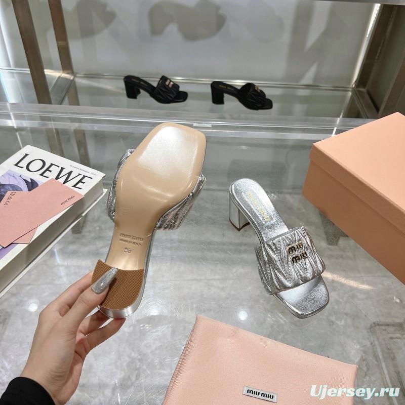 2025 Women Miu Miu Silver Leather High Heel Sandals