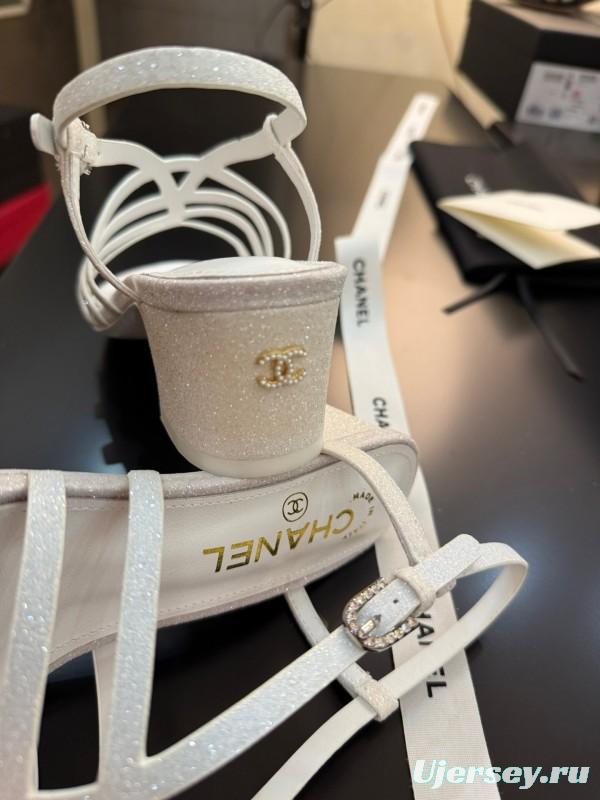 2025 Women Chanel White Leather Sandals