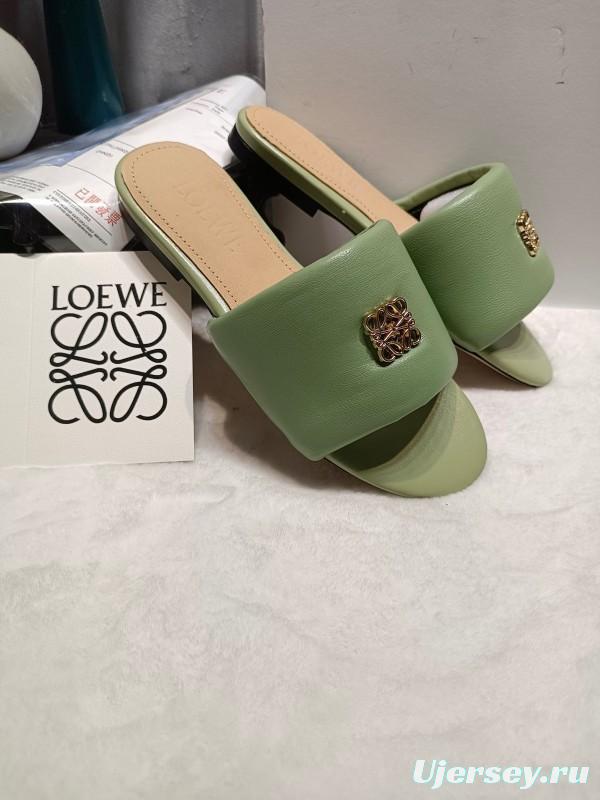 2025 Women Loewe Green Leather Slippers