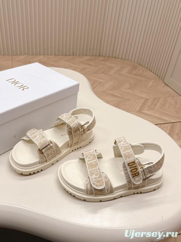 2025 Women Dior Beige Canvas Sandals Magic Tape LY