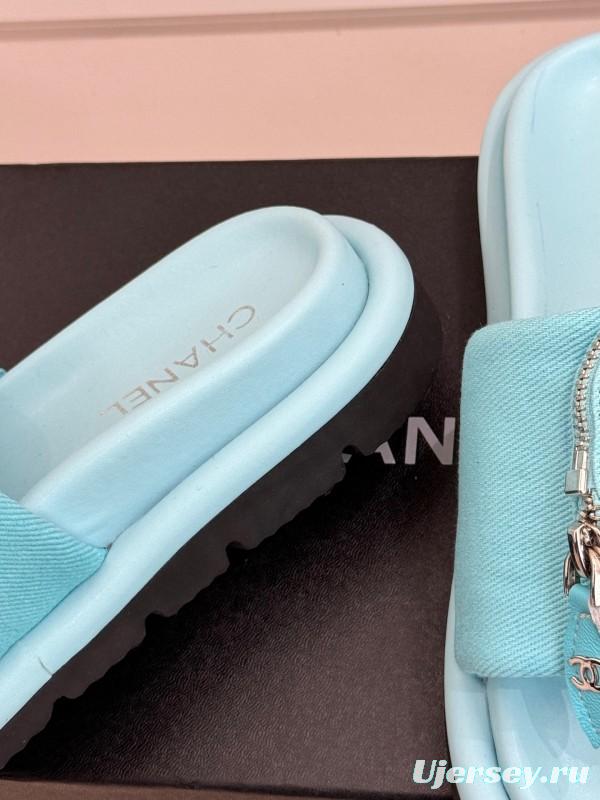 2025 Slippers Chanel Blue Fabric Slippers KFY00220