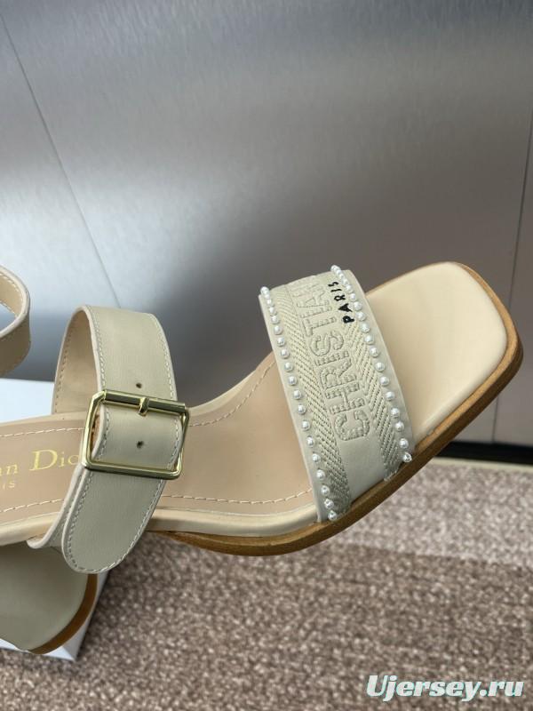 2025 Women Dior Beige Leather Sandals Ankle Strap KFY00320
