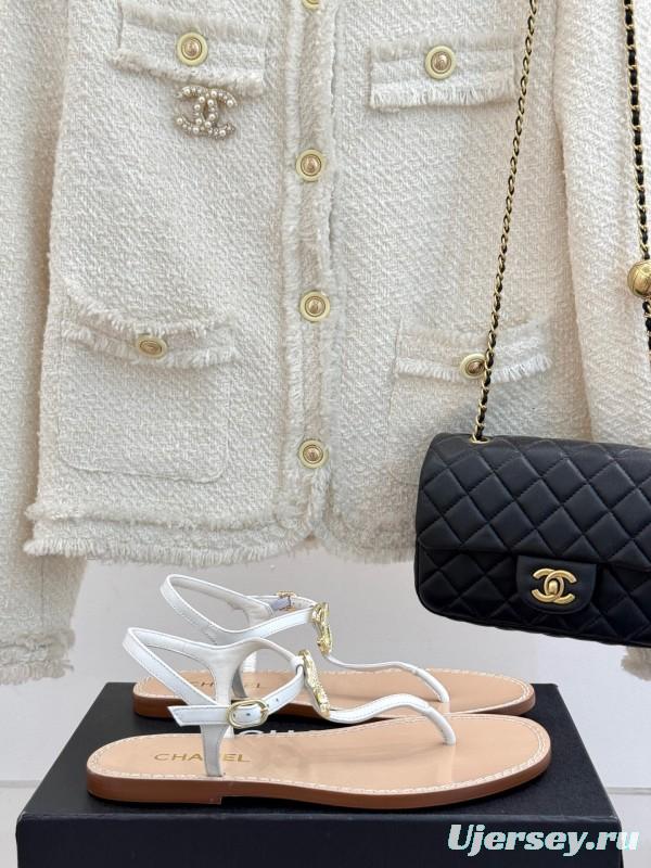 2025 Women Chanel White Leather Sandals KFY00290
