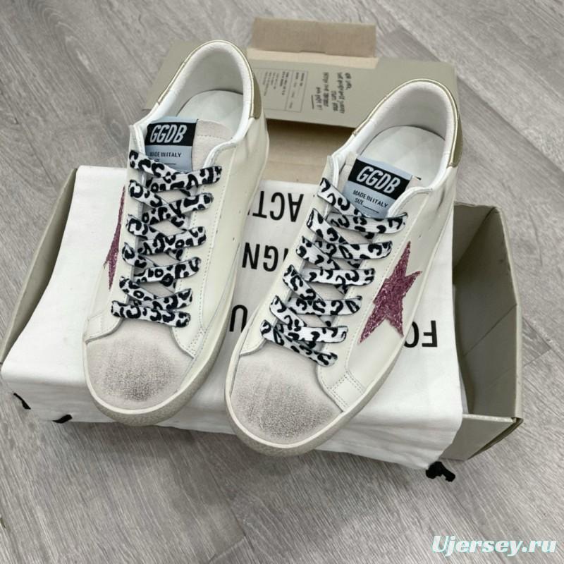2025 Women GGDB White Pink Leather Sneakers Glitter Star