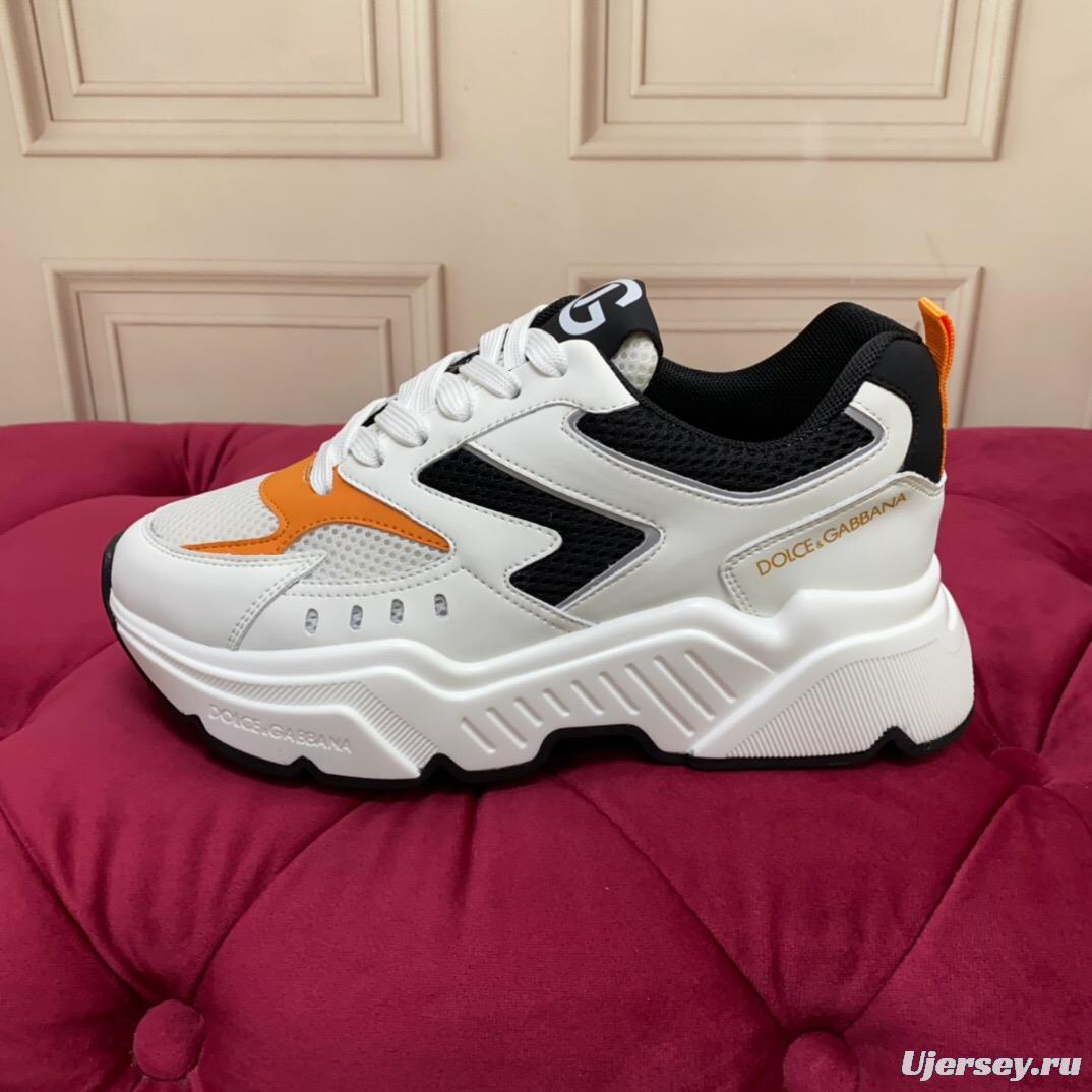2025 Unisex Dolce & Gabbana White Black Orange Leather Lycra Sneakers LY00330(F)/LY00340(M)