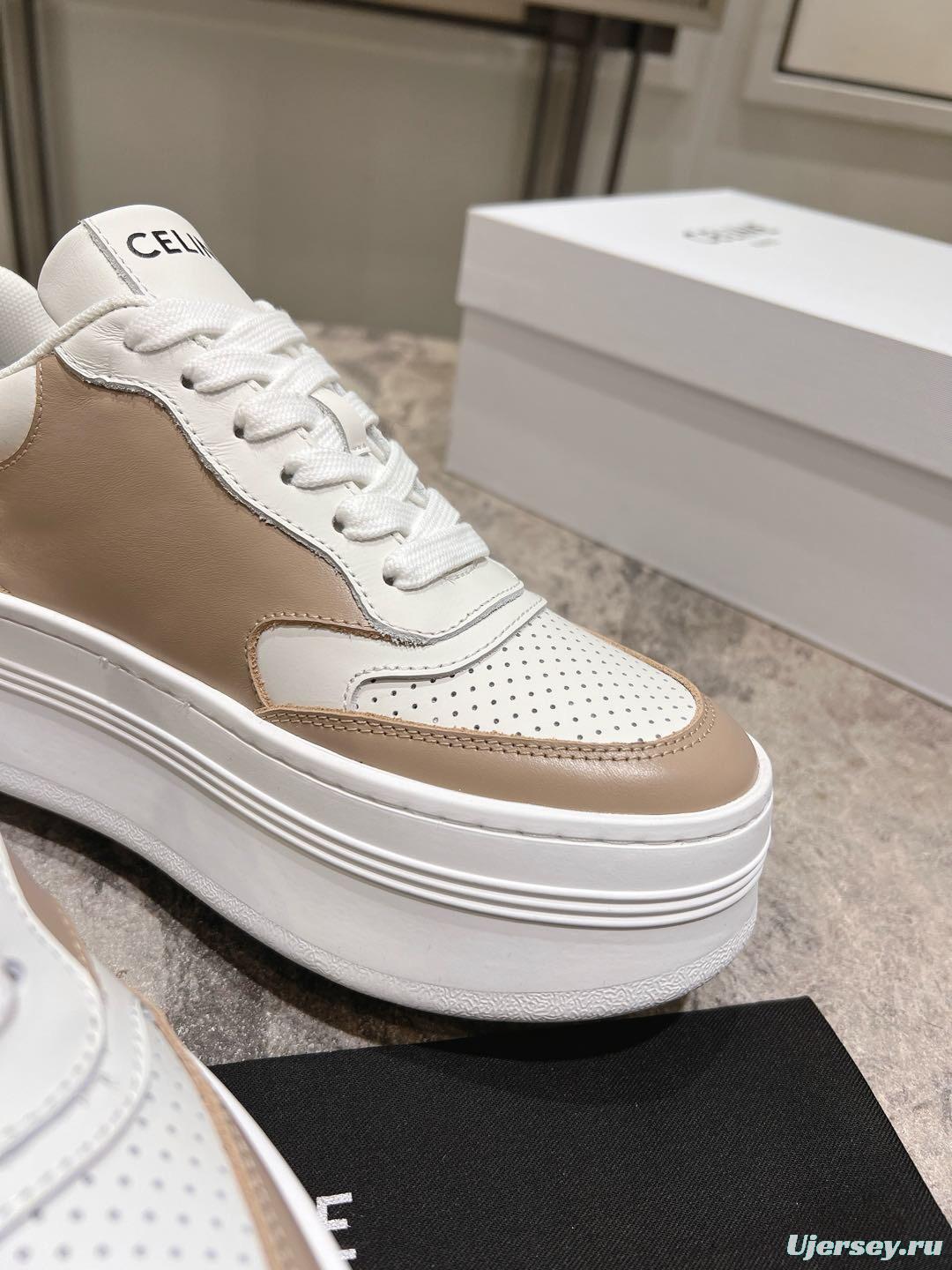 2025 Women Celine Beige White Leather Platform Sneakers