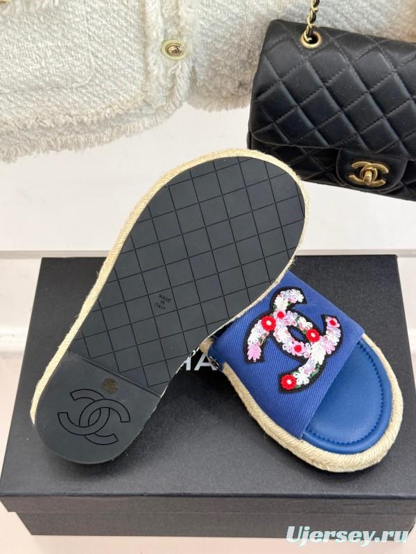 2025 CHANEL Blue Canvas Slippers Embroidered KFY00230