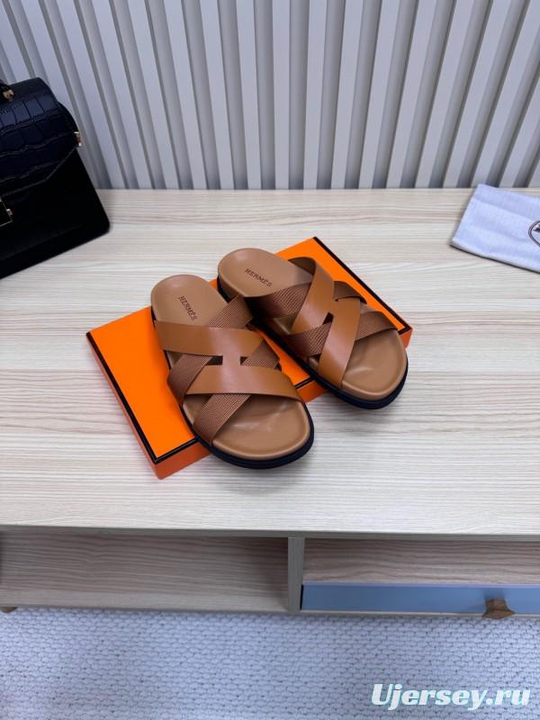 2025 Men Hermès Brown Leather Slippers