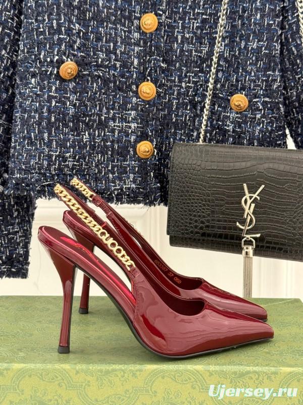 2025 Women Gucci Burgundy Patent Leather Slingback Chain High Heel KFY00300