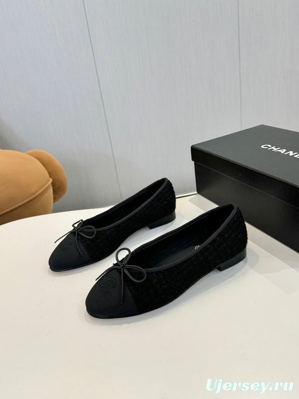 2025 Women Chanel Black Lambskin Tweed Ballet Flats LY00250