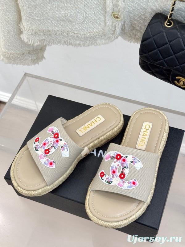 2025 Slippers Chanel Beige Floral Embroidery Espadrille KFY00230
