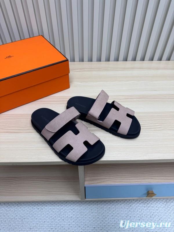 2025 Women Hermès Beige Black Leather Slippers