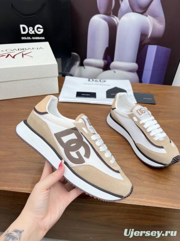 2025 Unisex Dolce & Gabbana White Beige Suede Mesh Sneakers LY00300