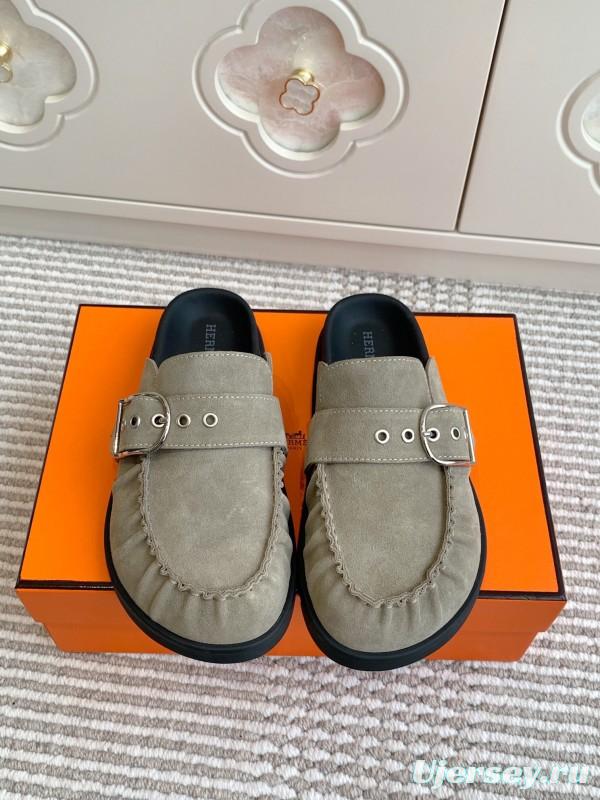 2025 Women Hermès Grey Suede Mule Shoe KFY00290