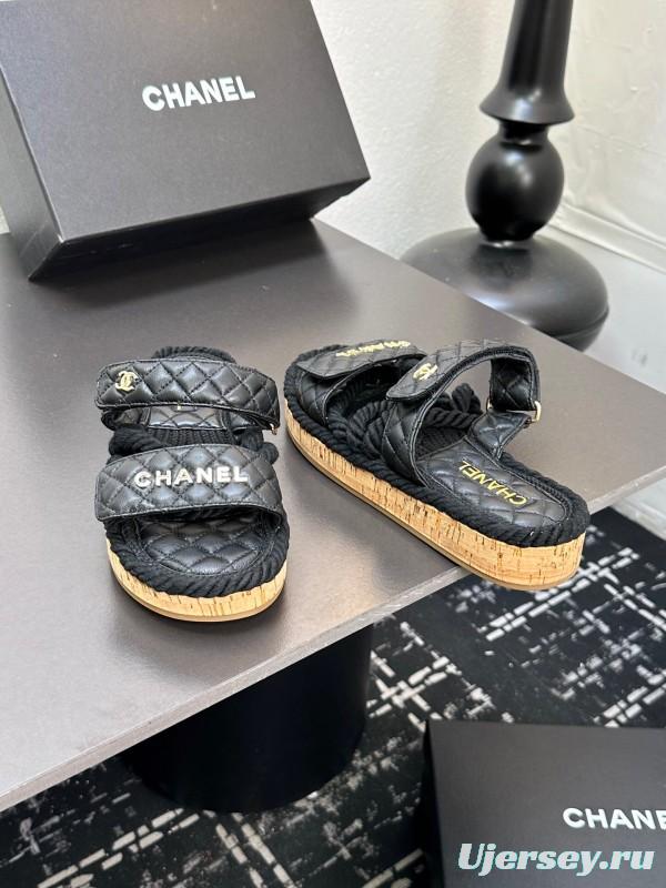 2025 Slippers Chanel Black Leather Cork Sole Sandal LY00250