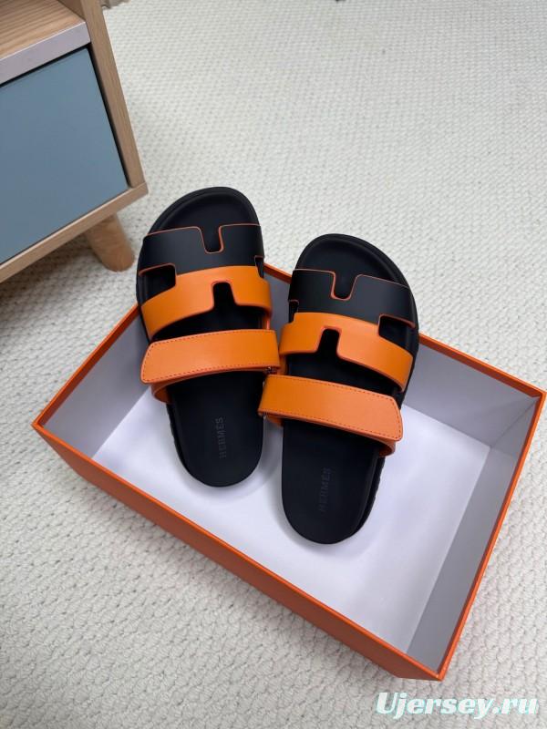 2025 Women Hermès Orange Black Leather Slippers