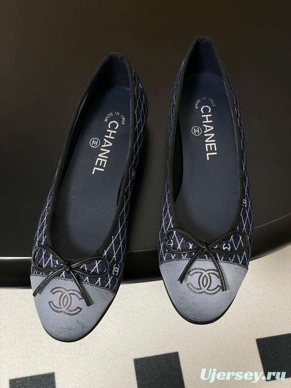2025 Women Chanel Blue Denim Leather Ballet Flat