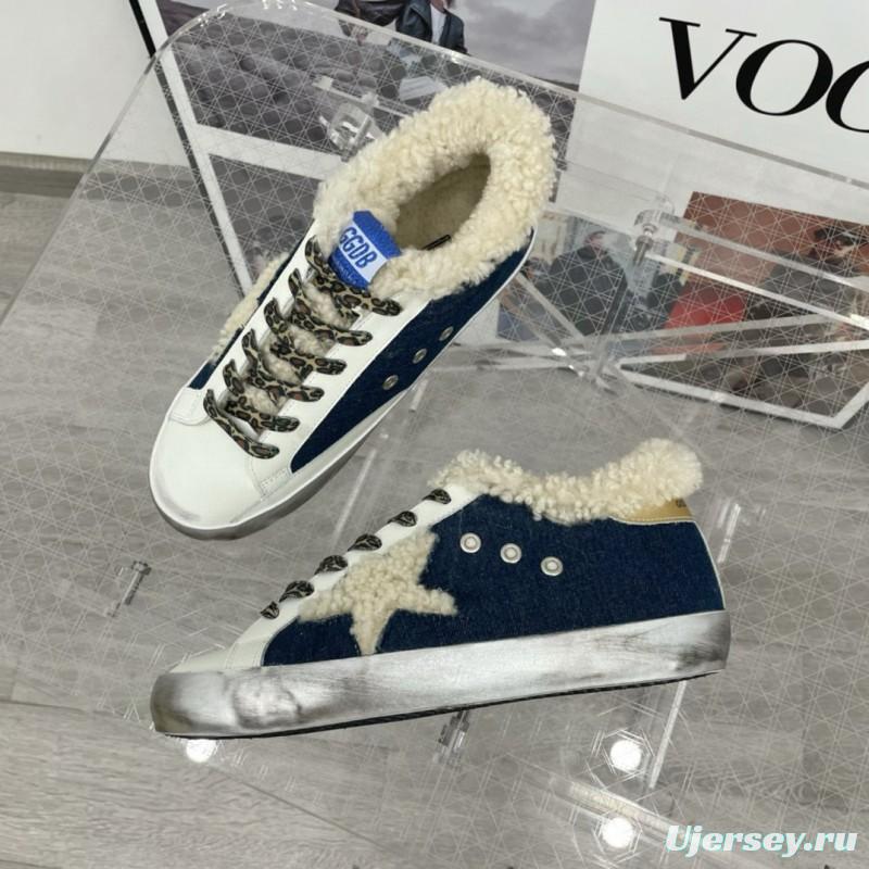 2025 Women GGDB White Navy Blue Leather Shearling Sneakers