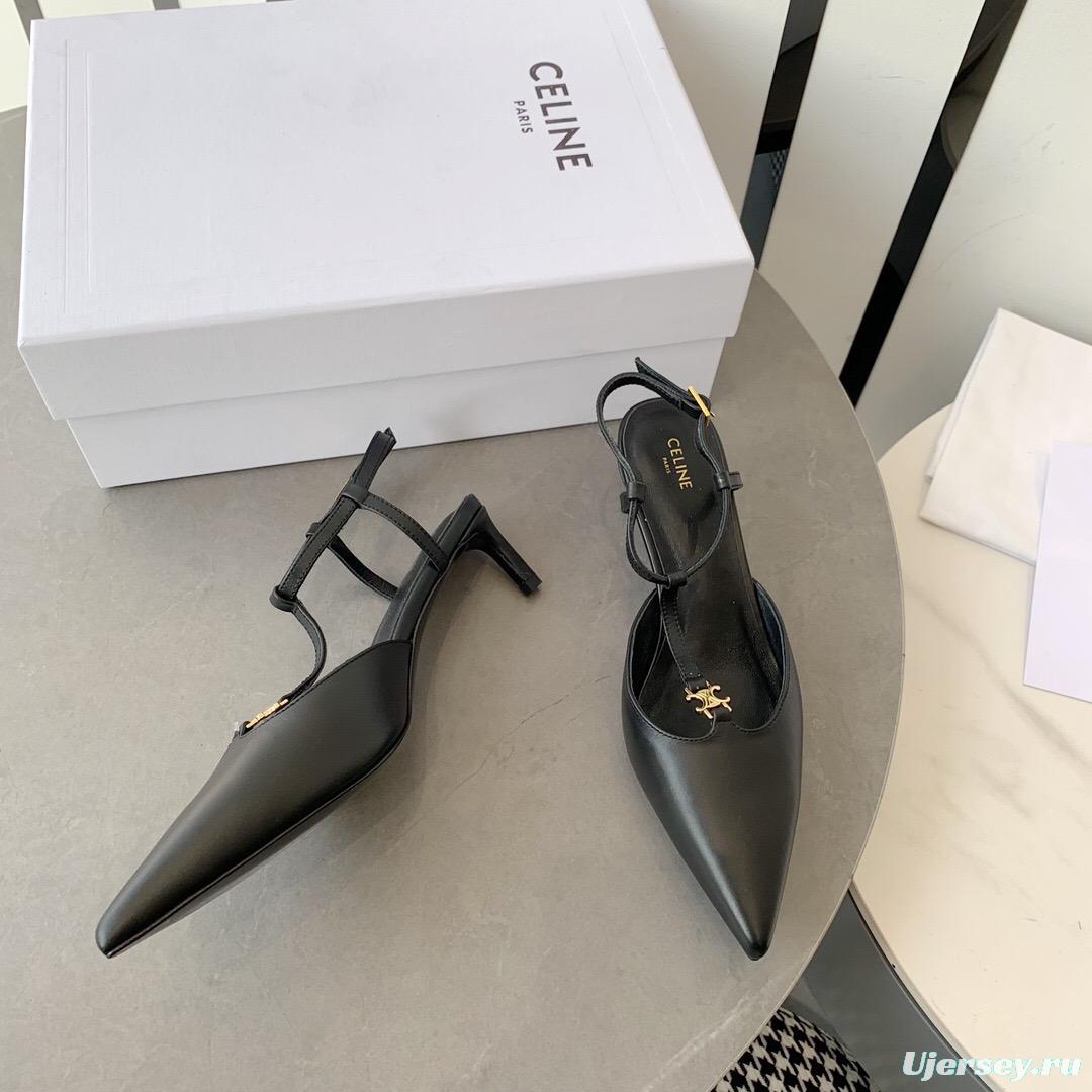 2025 Women Celine Black Calfskin Leather T-Strap TRIOMPHE Pumps