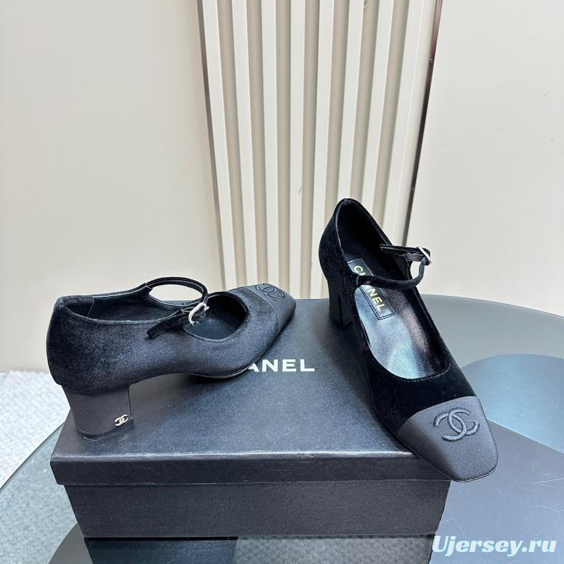 2025 Women Chanel Black Velvet Leather Mary Jane CC Logo KFY00290