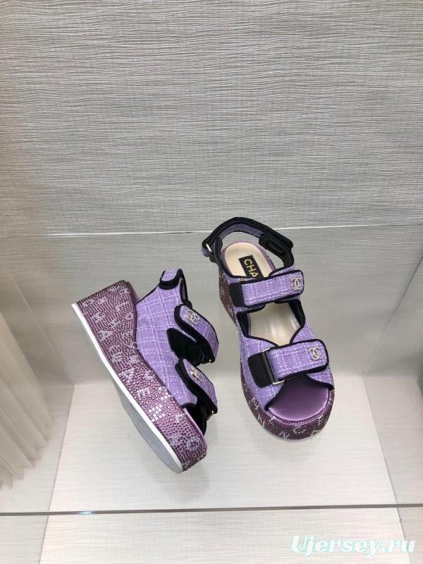 2025 Slippers Chanel Purple Fabric Wedge Sandals