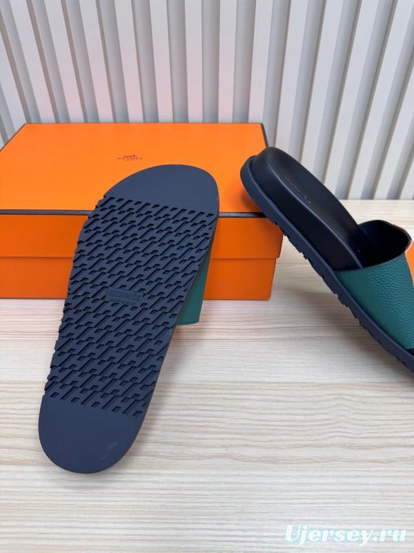2025 Hermès Green Orange Leather Slippers