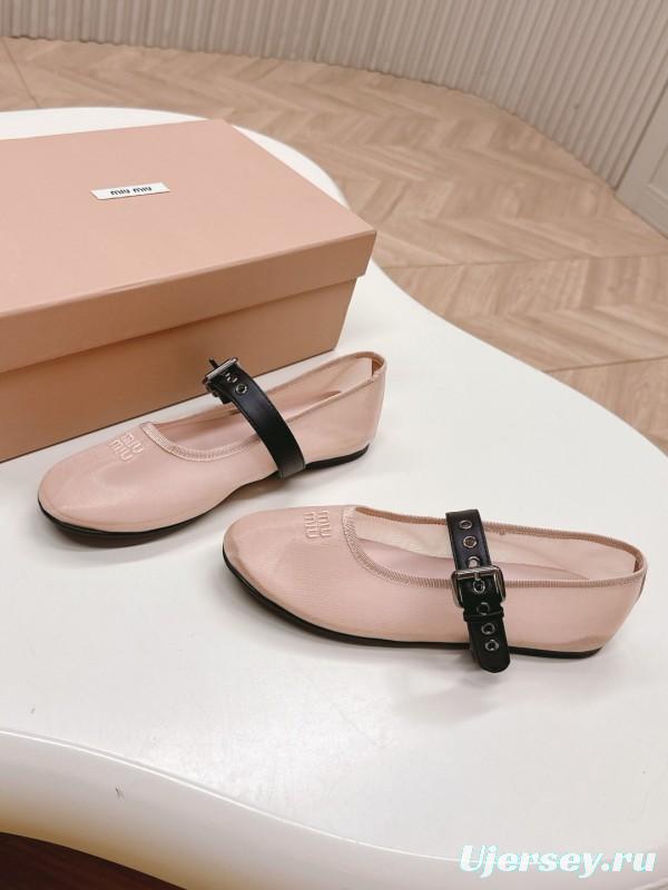 2025 Women Miu Miu Pink Black Fabric Leather Ballet Flats