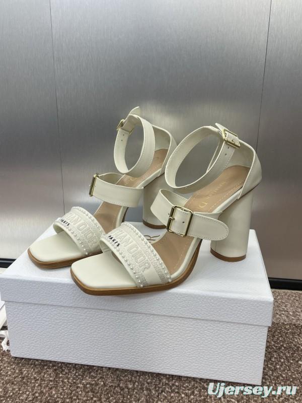 2025 Women Dior White Calfskin Leather Embroidered Sandals KFY00320