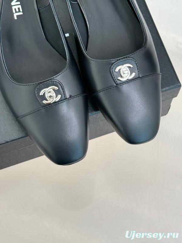 2025 Women Chanel Black Leather Slingback Flats