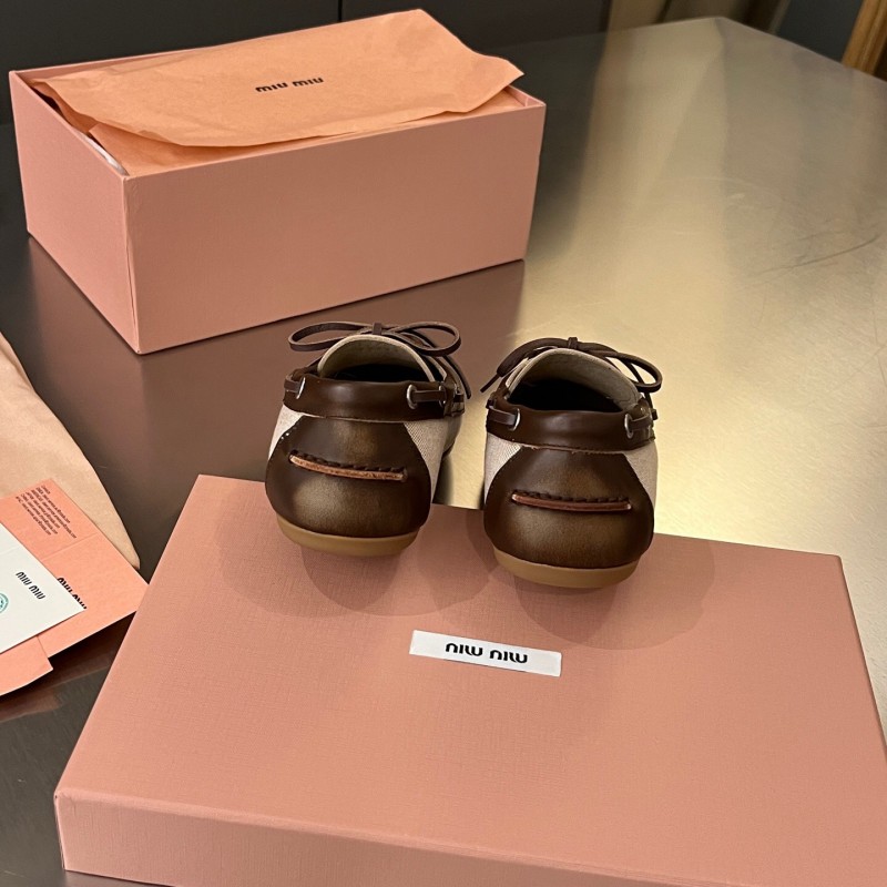 2025 Women Miu Miu Brown Beige Leather Canvas Loafers LY00230