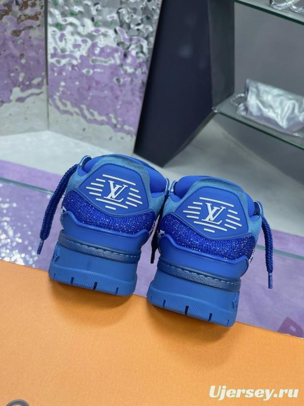 2024 Unisex Louis Vuitton Blue Rhinestone Trainer Sneakers Heat Pressing MJ00430