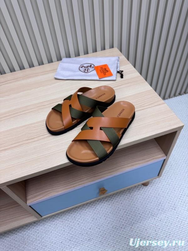 2025 Slippers Hermès Brown Green Leather Fabric Slippers