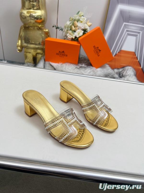2025 Hermès Gold Leather Slippers MJ00180