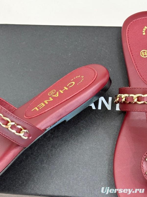 2025 Women Chanel Red Lambskin Chain Sandals KFY00250