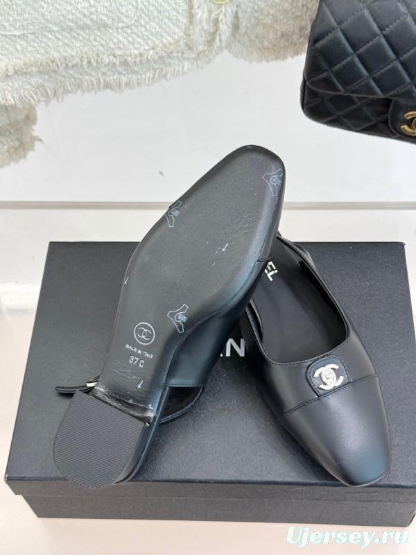 2025 Women Chanel Black Leather Slingback Flats