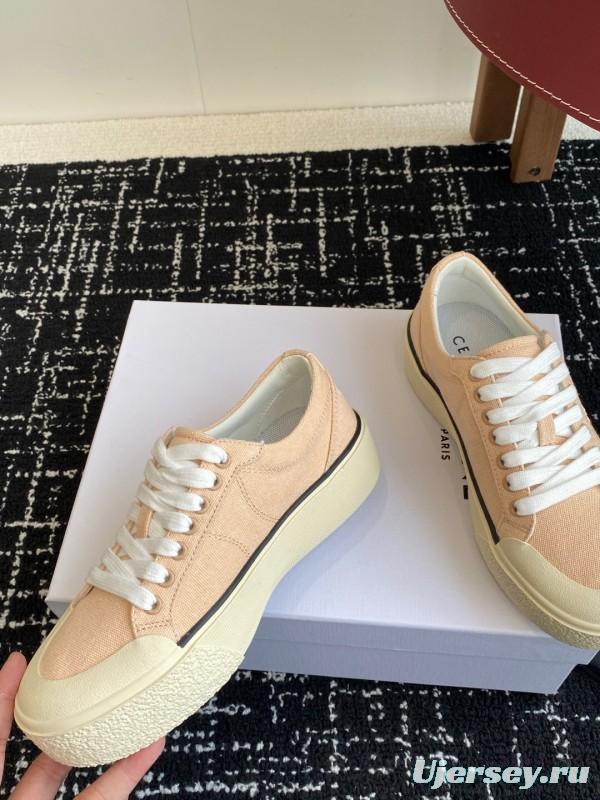 2025 Women Celine Beige Canvas Leather Platform Sneakers