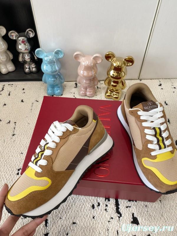 2025 Unisex Valentino Beige Brown Yellow Suede Silk Cow Leather Sneakers LY00340