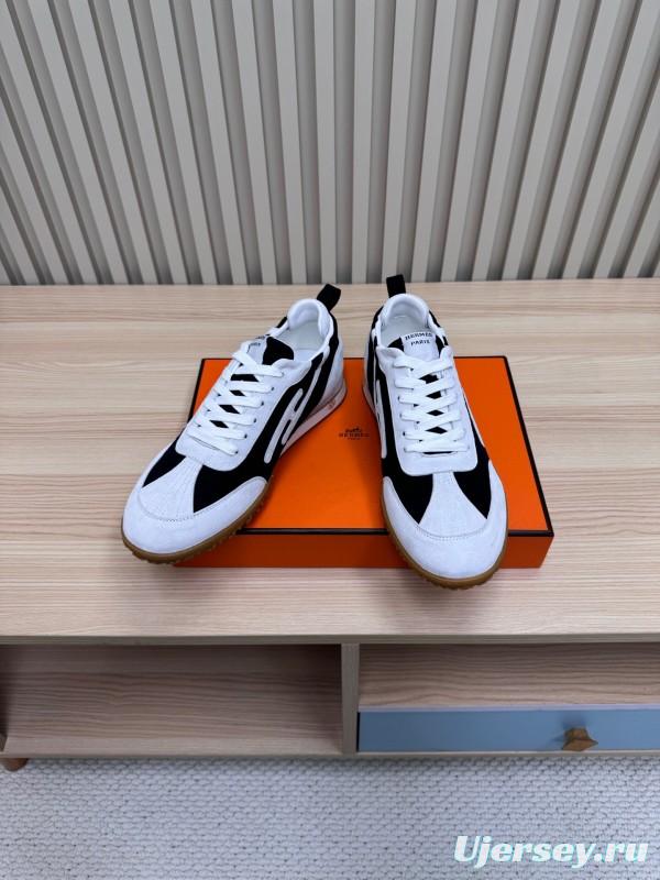 2025 Unisex Hermès White Black Suede Down Fabric Sneakers Top Version LY00310