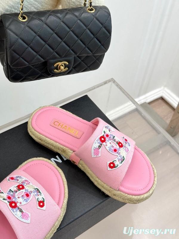 2025 Slippers Chanel Pink Canvas Embroidered KFY00230