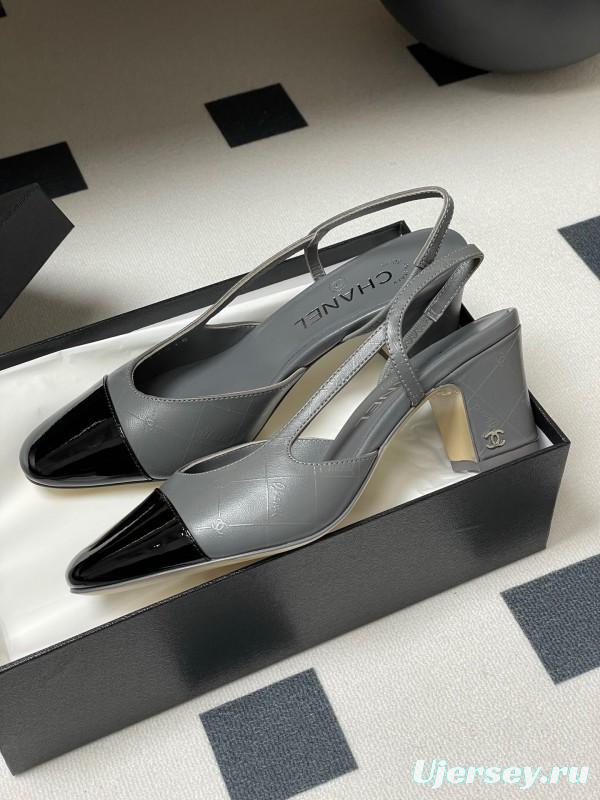 2025 Women Chanel Grey Black Leather Sling-back Heel