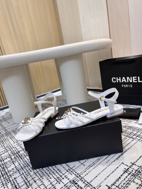 2025 Women Chanel White Leather Sandals LY00270