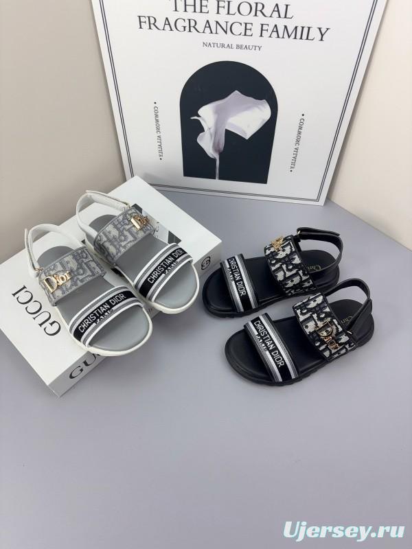 2025 Kids Dior Gray Black Canvas Leather Sandals